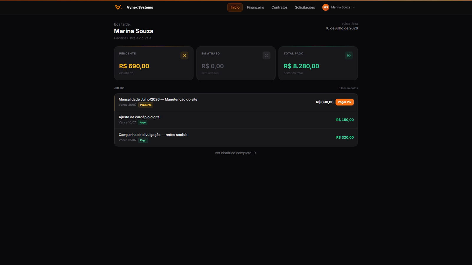 Portal do cliente com financeiro e solicitações